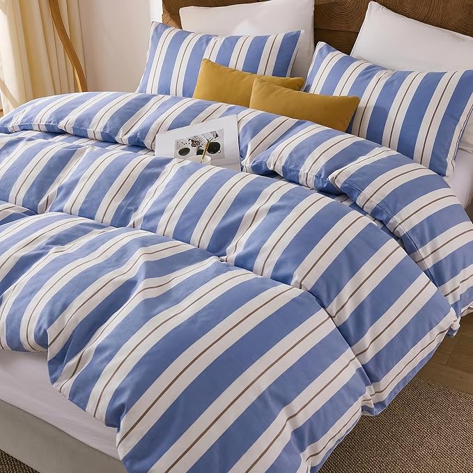 Merryword Blue and White Striped Duvet Cover Set King Size 100% Cotton Bedding Set with Modern Coastal Style Soft Breathable Linen Like Bedding Set 3 Pieces