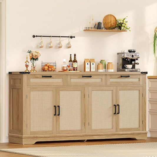 usikey Large Sideboard Buffet Cabinet with 4 Doors and 3 Drawers, Farmhouse Buffet Table, Dining Room Storage Cabinet for Kitchen or Living Room, Natural