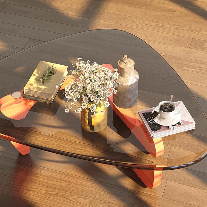 Coffee Table for Living Room Mid Century Modern Center Small Table with Glass Top and Wood, Walnut Transparent