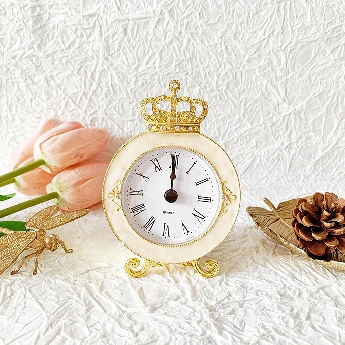 Vintage Mini Analog Table Clock, Silent Crown Table Clock with Hand-Painted Metal Body and Battery Operated Non-Ticking Core for Shelf, Living Room, Bedroom, Bedside, Desk
