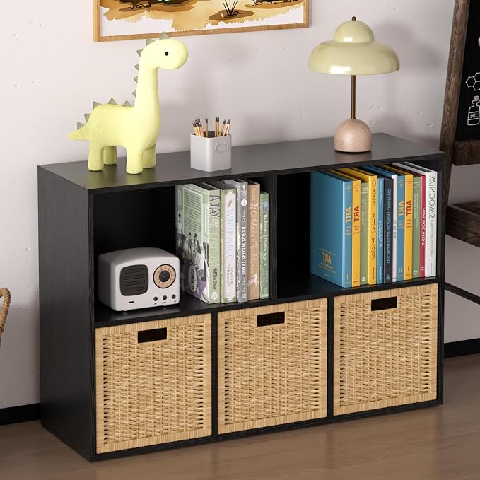 Wooden 5 Cube Storage Organizer with Closed Back Panel,White Cube Shelf Cubby Storage Organizers with Compartments for Living,Bookshelf,Organizers Easy to Install (Black, 5 Cube)
