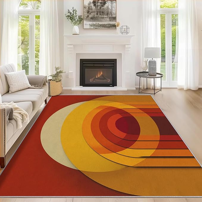 Mid Century Modern Rugs for Home Decor, 5x8 ft, Abstract Circle Area Rugs for Living Room, Soft Non Slip Washable Retro 70s Geometric Carpet Bedroom Decorations Dt-Ghf-69