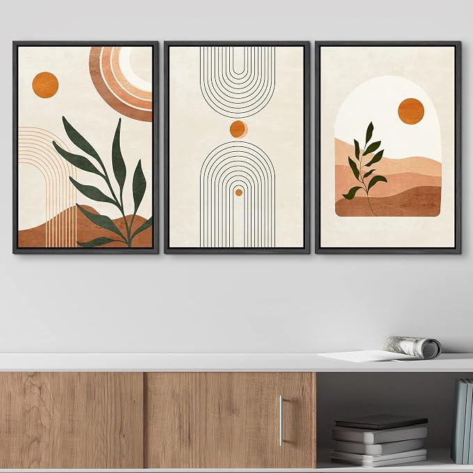 wall26 Framed Canvas Print Wall Art Set Boho Mid-Century Geometric Desert Plant Sun Nature Abstract Illustrations Modern Art Bohemian Decorative for Living Room, Bedroom, Office - 24"x36"x3 Black