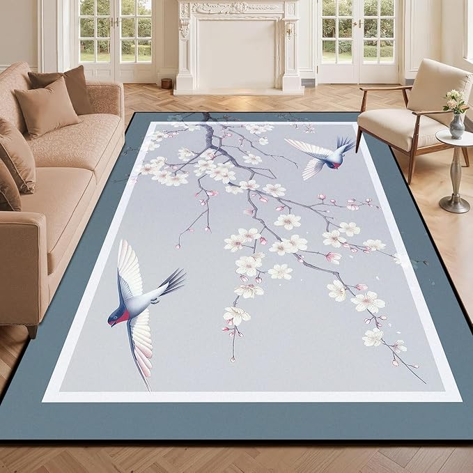 Cherry Blossom Area Rug 3D Swallow Sakura Floral Rugs for Entryway Bedroom Living Room Kitchen Home Decor Soft Non Slip Indoor Carpet Washable Low Pile Floor Mat,5'x7'