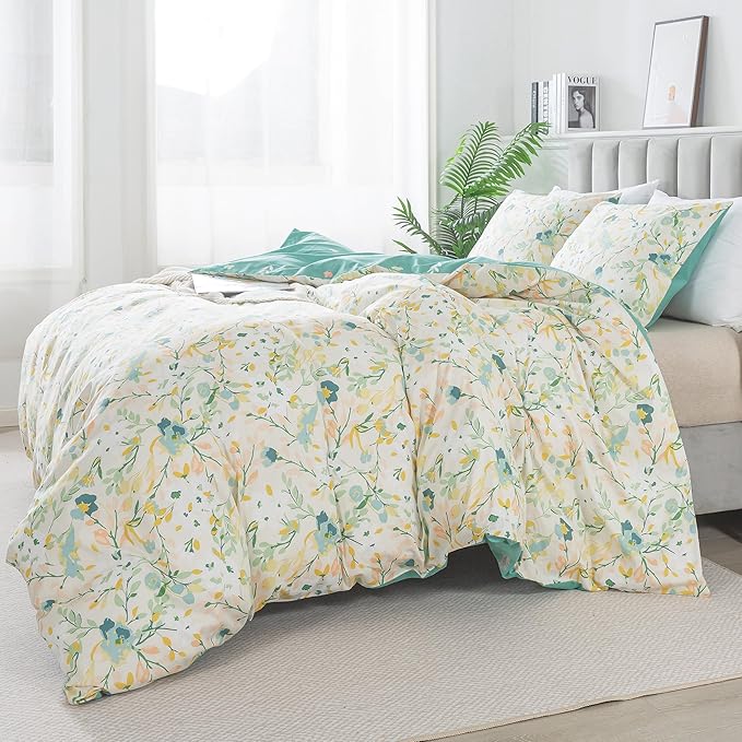 HoneiLife Duvet Cover Queen Size - Cotton Comforter Cover Floral Duvet Cover Sets 3-PC, Wildflower Duvet Cover with Zipper Closure & Corner Ties, Botanical Comforter Cover Sets, Ink-Painting