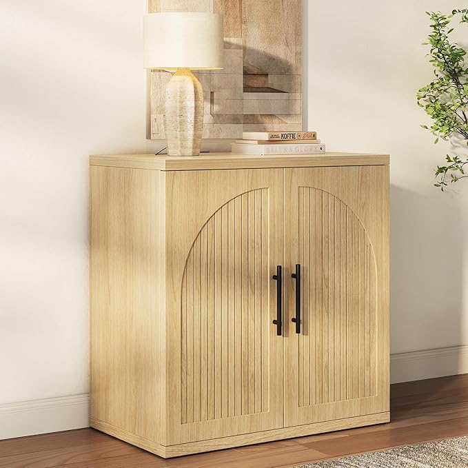 31.5" Fluted Buffet Cabinet with Storage, Modern Symmetrical Arched Sideboard Credenza with Adjustable Shelf, Elegant Wood Console Table for Dining Room, Kitchen, Living Room(Oak)