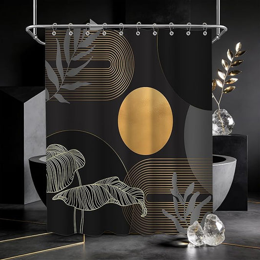 Black and Gold Shower Curtain Dark Mid Century Modern Boho Shower Curtains for Bathroom Decor MCM Masculine Cool Bath Curtain Set, Waterproof Fabric with Hooks 60 x 72 Inch