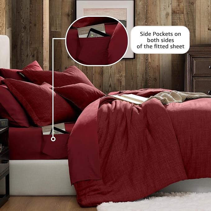 Geniospin King Comforter Set - 7 Pieces Comforter King Size, Soft Solid Bedding Set for All Season, Dark Red Textured Bed in a Bag with Sheets, Pillowcases & Shams