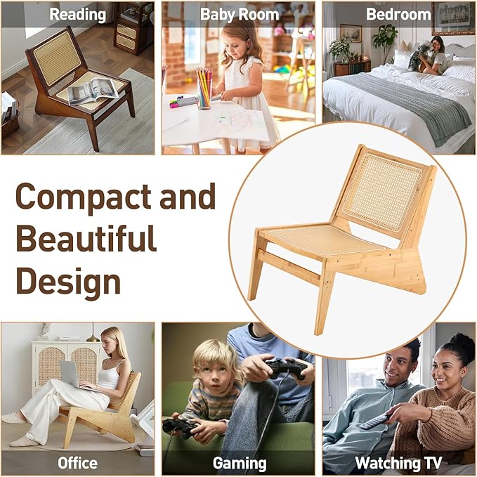 Welnow Mid Century Rattan Accent Chair, Bamboo Wood Lounge Chair with Woven Cane Backrest, Low Armchair for Living Room, Bedroom, Balcony or Reading Corner, Natural