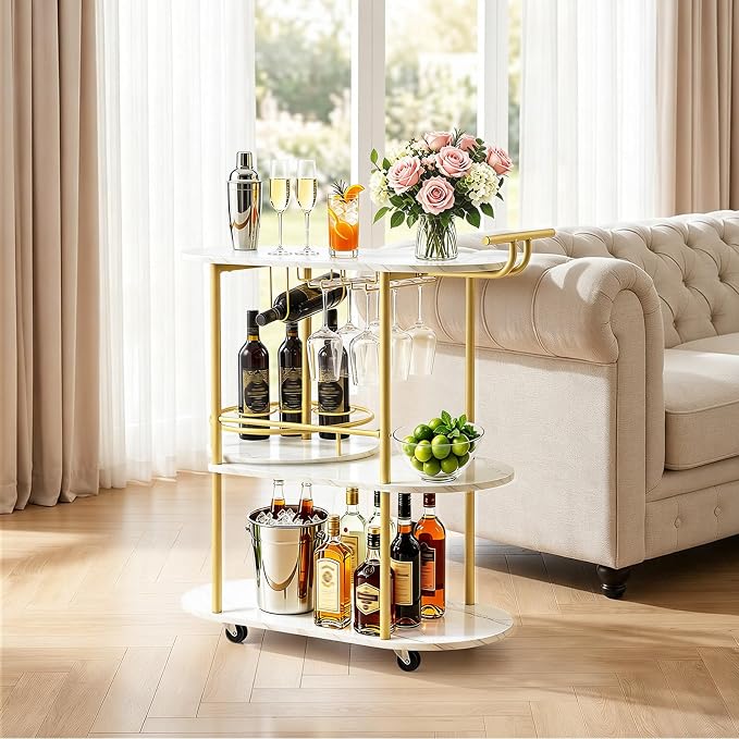 VEVOR Bar Cart, 3 Tiers Home Kitchen Serving Carts, Modern Round Rolling Utility Station on Wheels, Mobile Drink Beverage Trolley w/Wooden Shelf, Wine Rack, Glass Holder, for Living Dining Room, Gold
