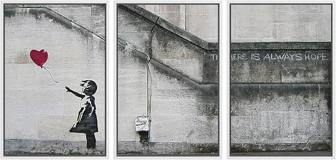 wall26 - 3 Piece Framed Canvas Wall Art - There is Always Hope - Girl and Red Heart Balloon - Street Art - Guerilla - Modern Home Art Stretched and Framed Ready to Hang - 24"x36"x3 White