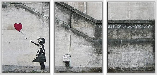 wall26 - 3 Piece Framed Canvas Wall Art - There is Always Hope - Girl and Red Heart Balloon - Street Art - Guerilla - Modern Home Art Stretched and Framed Ready to Hang - 24"x36"x3 White
