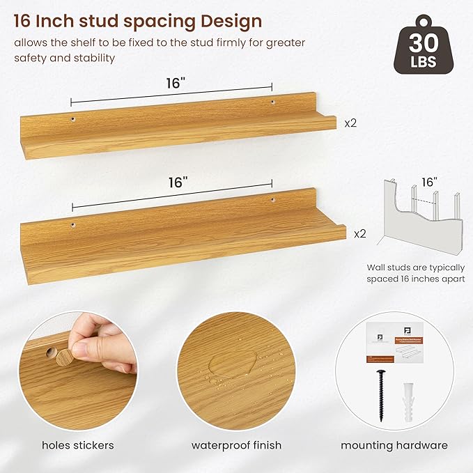 Axeman Picture Ledge Shelf | 24 Inch Oak Floating Shelves Set of 4 | Rustic Wood Wall Shelves with Lip | 24" Oak Picture Shelves for Wall with Ledge | Photo Shelves