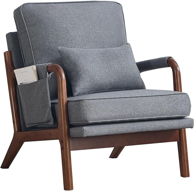 ANJ Mid Century Modern Accent Chair, Lounge Reading Armchair with Extra Side Pocket & Detachable Cushion, Comfy Fabric Accent Chairs for Living Room, Bedroom,Grey