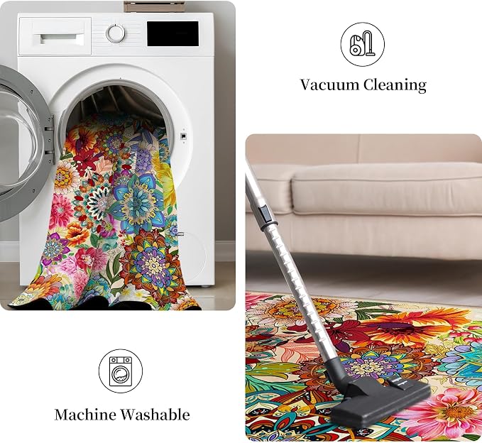 3'x5' Boho Floral Area Rugs for Entryway Kitchen Living Room Bedroom, Non-Slip Machine Washable Colorful Flower Entry Rugs Carpet Door Mat Indoor Entrance Aesthentic