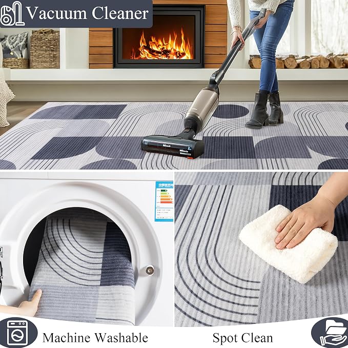 Machine Washable 2.7x8 Runner Rug, Soft Modern Geometric Abstract Grey Rugs for Bedroom Living Room, Non-Shedding Faux Wool Indoor Throw Floor Carpet for Office Entryway Dining Room Decor