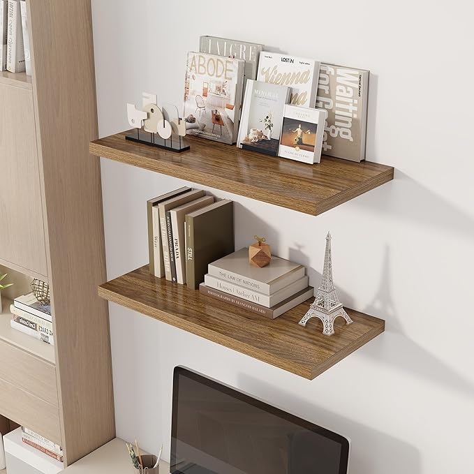 Dreamland 30" Floating Shelves for Wall, 12" Deep Slim Walnut Floating Shelves, Wall-Mounted Shelves for Bedroom, Living Room, Kitchen, Bathroom - Set of 2