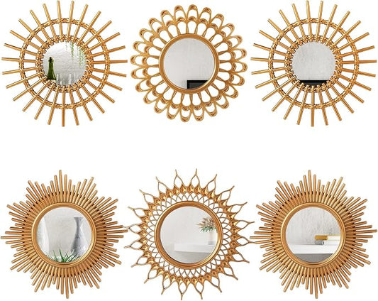 Namalu 6 Pcs Sunburst Mirror for Wall Decor, Small Circle Sun Decorative Mirror Hanging for Art Entryway Home Decor Bathroom Bedroom Living Room(Classic,Gold)