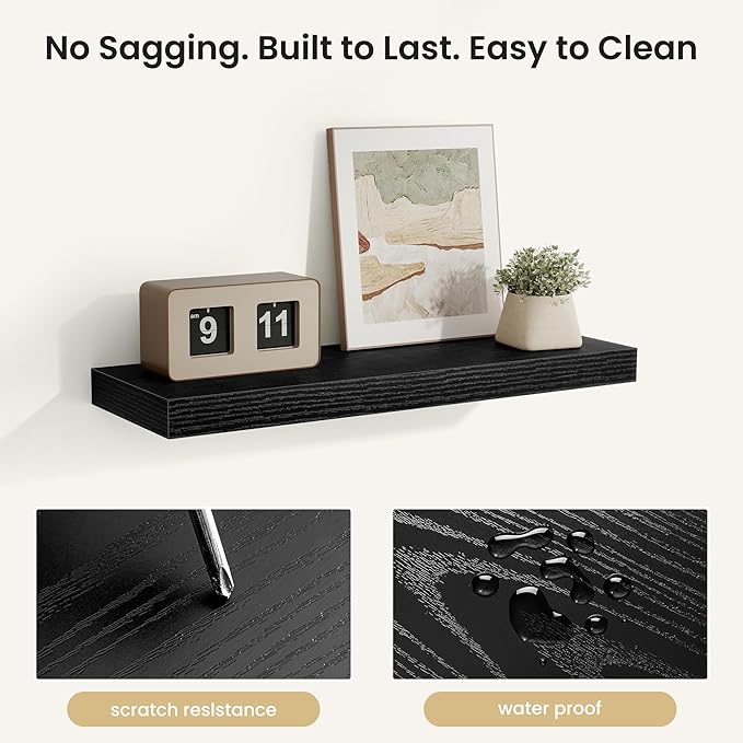 Fun Memories Floating Shelves for Wall, Rustic Wood Wall Mounted Shelves for Bathroom, Bedroom, Living Room & Kitchen, Storage Display Shelves, (Set of 2, Black, 24 in)