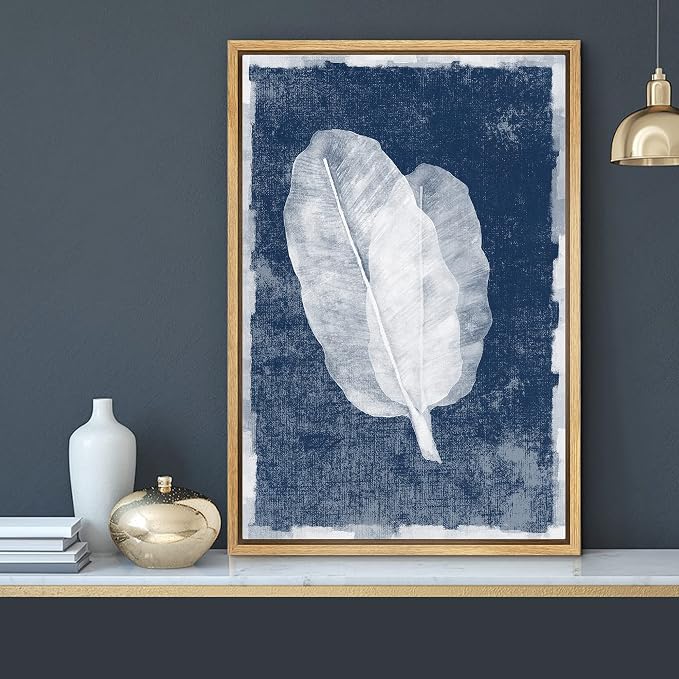 MUDECOR Framed Canvas Print Wall Art Faded White Transparent Leaves Nature Wilderness Illustrations Modern Art Nautical Relax/Calm Blue Ultra for Living Room, Bedroom, Office - 24"x36" Natural