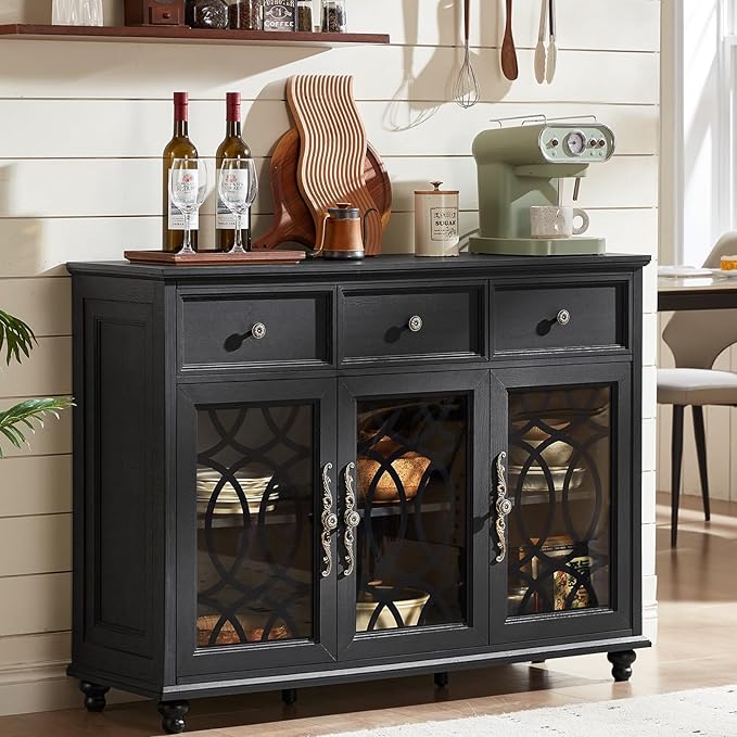 Farmhouse Sideboard Buffet Cabinet Set of 2 with Storage,48" Large Credenza with 3 Glass Doors & 3 Drawers,Adjustable Shelves Console Table,Wood Kitchen Coffee Bar for Dining Room,Black