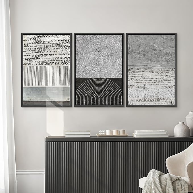 SIGNWIN Framed Canvas Print Wall Art Set Industrial Black & Gray Collage Abstract Geometric Illustrations Minimalism Modern Art Decorative Boho for Living Room, Bedroom, Office - 24"x36"x3 Black