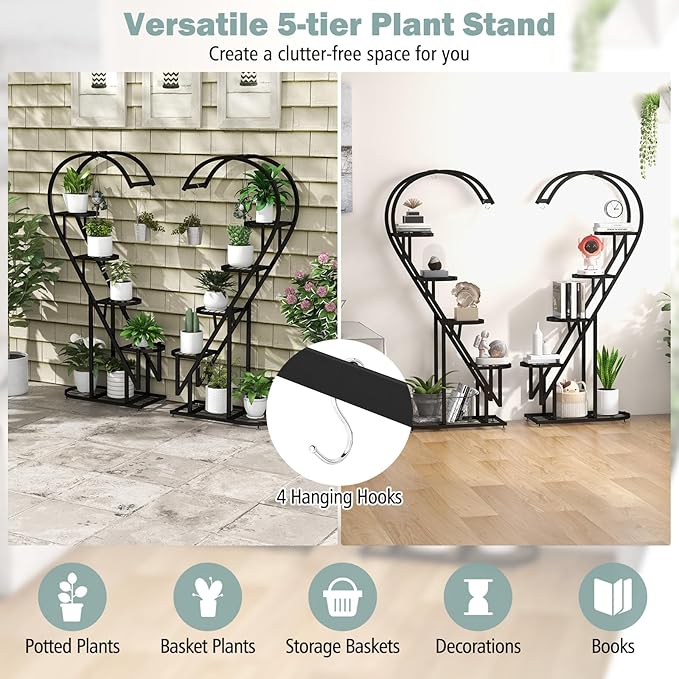 Giantex 5 Tier Metal Plant Stand Indoor, Creative Heart-shaped Ladder Plant Shelf with Hanging Hook for Multiple Plants, Tiered Flower Display Shelf, Tall Plant Stand for Valentine's Day Home Holiday