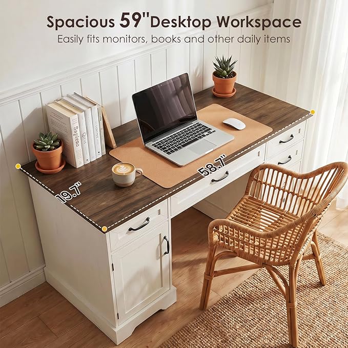 OffiGo 59 Inch Farmhouse Desk with Drawers, Executive Computer Desk with Charging Station, Wood File Cabinet Storage for Home Office, Walnut+White