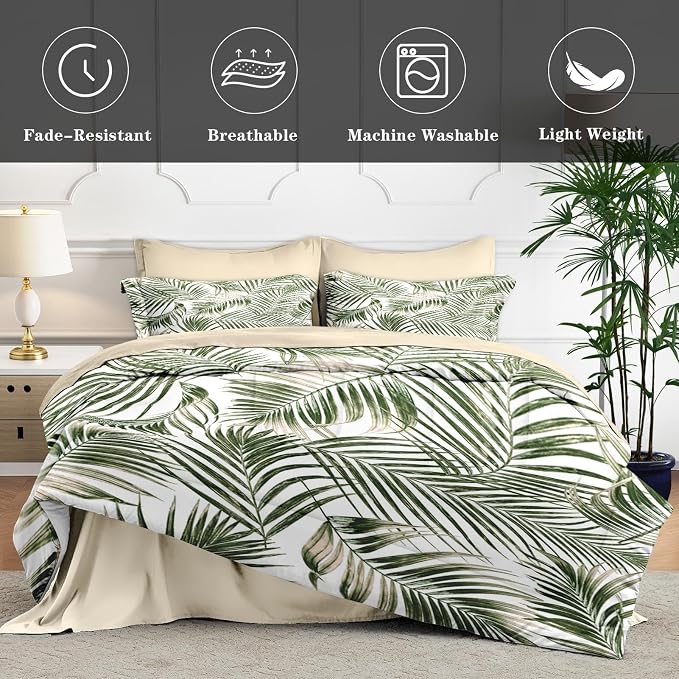 7Pcs Comforter Set King Size, Tropical Palm Tree Fronds Green Leaves, Bedding Decor Botanical Plant Palm Leaf Bedroom Bed Set Flat Sheet Fitted Sheet Pillowcases Shams for Kids Adults