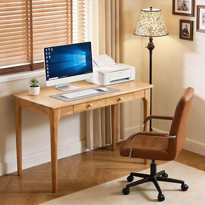 40" Solid Wood Desk with Drawers,Mid Century Modern Natural Real Wood Writing Desk,Home Bedroom Computer Office Workstation Desks,Small Spaces,Wood Color