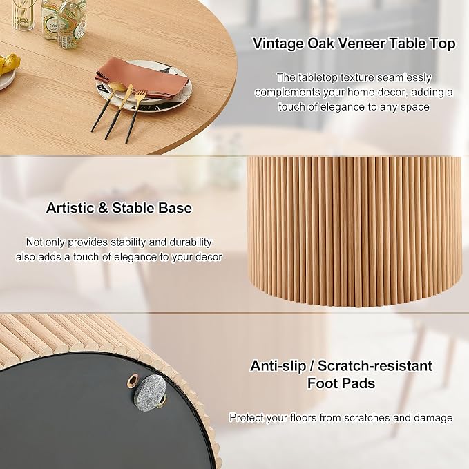 Dining Table Set for 4, 47" Wooden Round Kitchen Table with PU Leather Chairs for Kitchen Room and Small Spaces(Oak Table + 4 Beige Chairs)