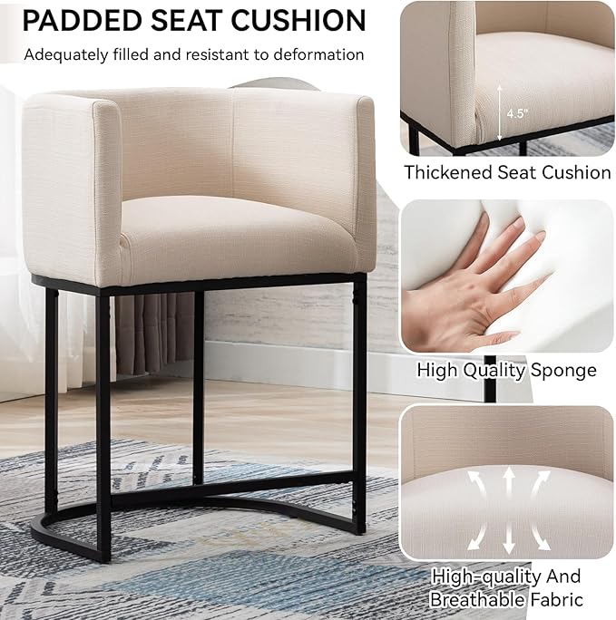 Contemporary Cream Linen Bar Stool, 24" Upholstered Fabric Counter Height Barstool Kitchen Counter Island Stool with Screwed Together Black Metal Base