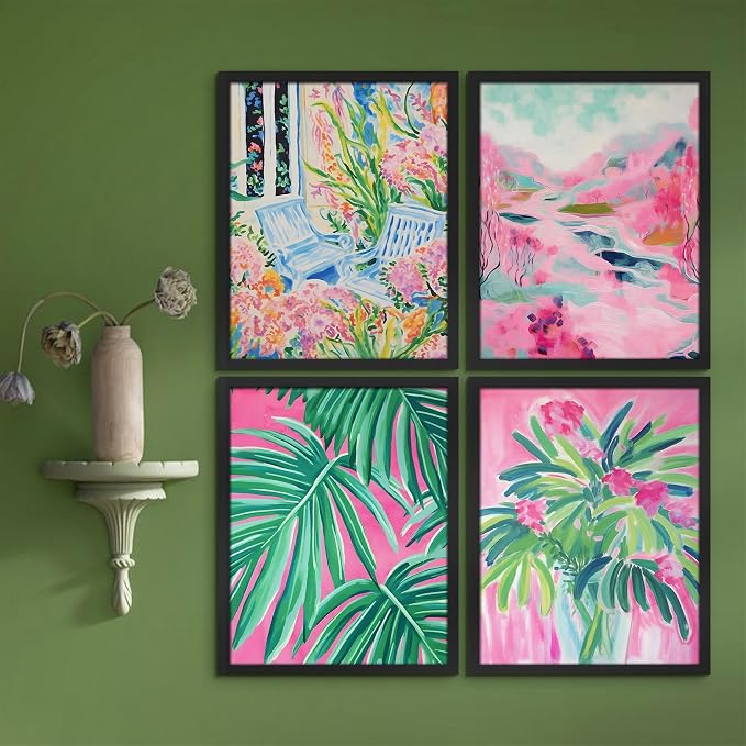 SIGNWIN Framed Tropical and Floral Bright Botanical Preppy Room Decor Pink Decor Digital Art Modern Art Decorative Multicolor Scenic for Bedroom - 11"x14"x4 Black