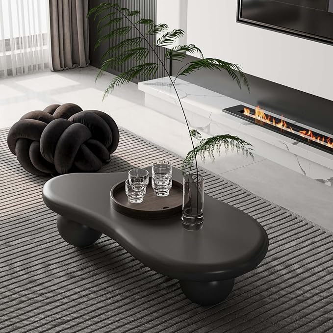40" Black Modern Coffee Table Cloud Shape Low Center Table with 3 Ball Legs Cute Irregular Indoor Tea Table for Living Room Small Space