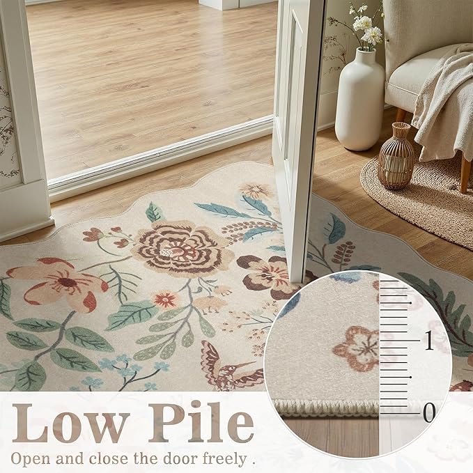 DCX Beige Floral Rug 2x6, Washable Beige Rug for Living Room, Kid & Pet Friendly with Rubber Back Non Slip, Soft Low Pile Carpet, Stain Resistant Rug for Bedroom, Nursery, Dining Room