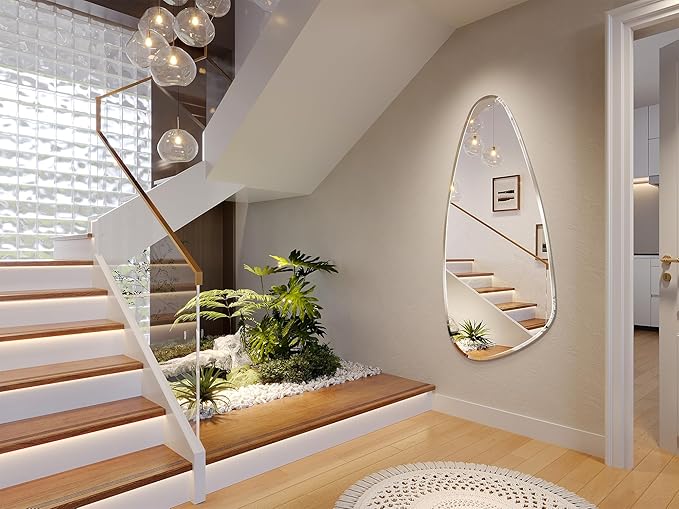 48"x22" Irregular Frameless Oval Wavy Bathroom Entryway Wall Mirror, Asymmetrical 0.59" inch Beveled Mirror with 4MM HD Shatter-Proof Mirror for Living Room. Hung Horizontally or Vertically