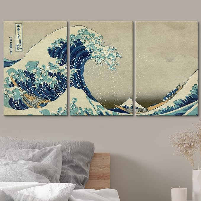 wall26 Canvas Print Wall Art Set The Great Wave Off Kanagawa by Hokusai Cultural Historic Oil Painting Fine Art Reproduction Scenic Colorful for Living Room, Bedroom, Office - 24"x36" x 3 Panels