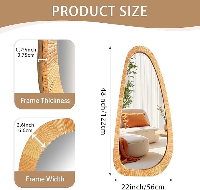 BAODANFU 22x48 Inch Asymmetrical Rattan Wall Mirror, Full Length Irregular Handwoven Natural Rattan Frame Mirror, 4-Way Mount Boho Decorative Mirror for Bedroom Entryway Living Room Farmhouse