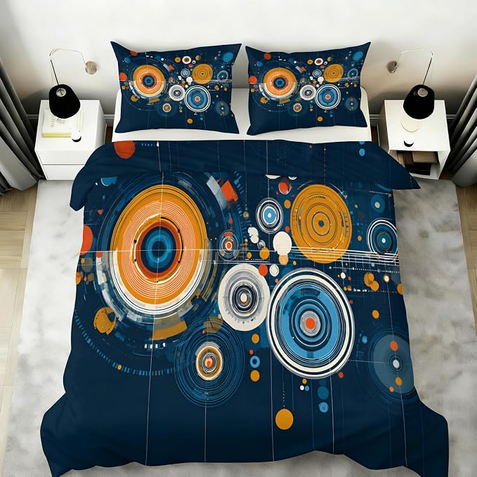 Modern Abstract Circle Duvet Cover Queen Size, Colourful Disc Bedding Set 3 Piece, Hippie Hip Hop Patterned Comforter Cover with Zipper Soft Microfiber, 2 Pillowcases