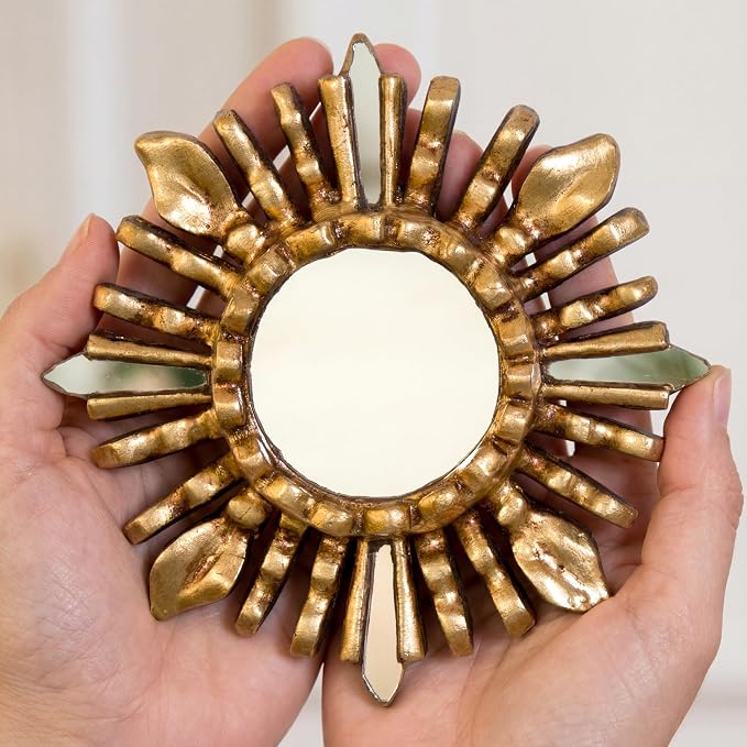 Small Peruvian Sunburst Mirror 6" | Hand-Carved Mohena Wood & Bronze Leaf | Vintage Gold Accent Wall Decor for Boho & Home Entryway (Gold)