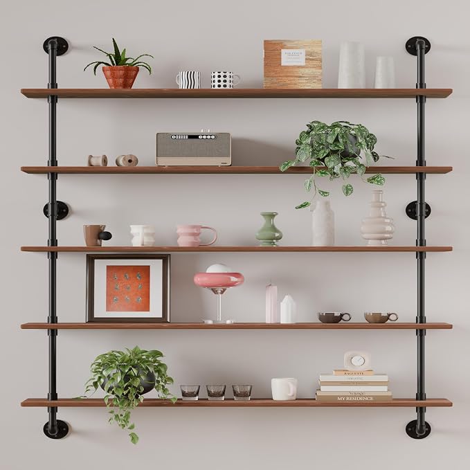HDDFER Floating Shelves for Wall Bookshelf Industrial Pipe Shelving Shelves 48 Inch 5 Tier Natural Wood Planks Rustic Wall Shelves Hanging Bookshelves Farmhouse Kitchen Shelving