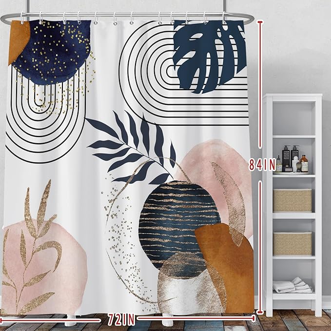 Baocicco Boho Shower Curtain Mid Century Navy Blue Gold Plant Leaves Modern Abstract Minimalist Shower Curtains Decorative for Bathroom Waterproof Fabric Shower Curtain with Hooks 72x84 Inches