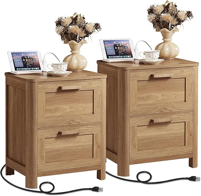Farmhouse Nightstand Set of 2 with Charging Station, End Tables Bedroom with 2 Large Drawers & 4 Thickened Table Legs, Dark Wood
