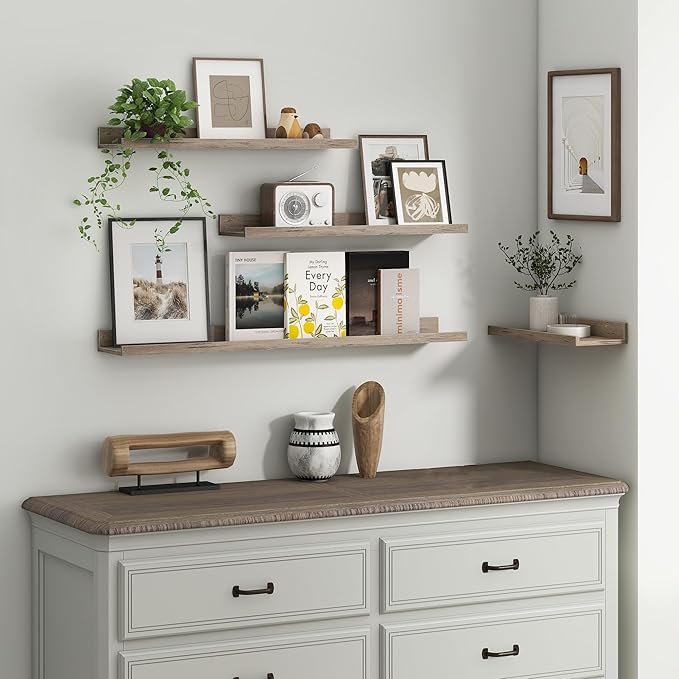 Axeman Picture Ledge Shelf | 16 Inch Grey Floating Shelves Set of 3 | Rustic Grey Wood Wall Shelves with Lip | 16" Picture Shelf for Wall with Ledge | Photo Shelves