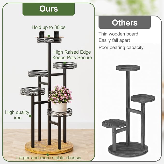 Black Stand Plants, 5-Tier Metal Plant Stands for Outdoor Indoor Plants,Heavy Duty Flower Pot Stands for Multiple Plants,Decoration Display Racks for Patio Garden -BlackFlower