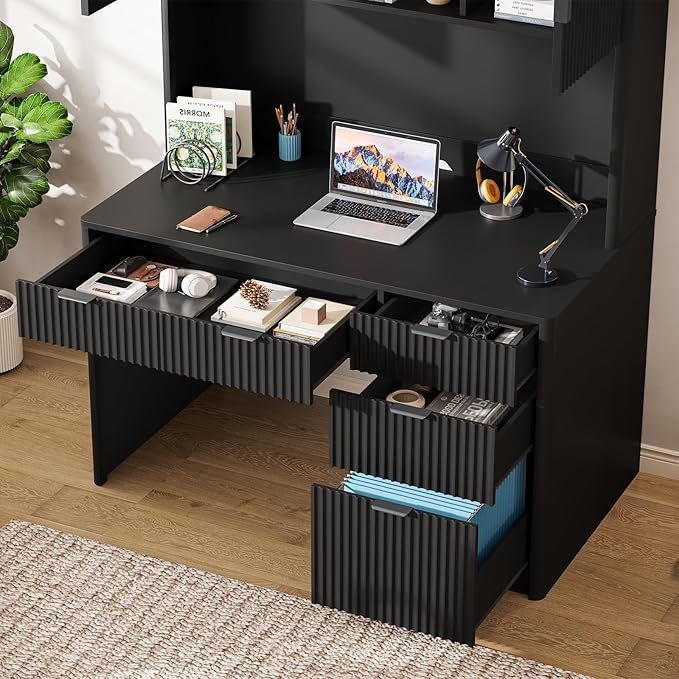 Vabches 67" H Executive Desk with Fluted Drawers,4 Drawers Fluted Computer Desk,Wood Workstation with Hutch and Barn Doors for Work and Study,Pure Black