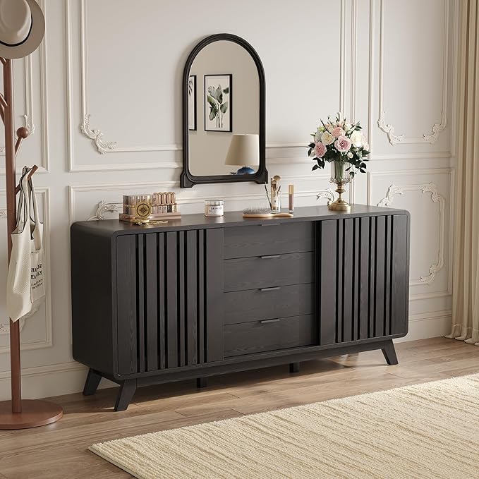 ONBRILL Sideboard Buffet Cabinet with Storage, Fluted Buffet Cabinet with Sliding Doors & 4 Drawers, Mid Century Modern Coffee Bar Wine Bar Credenza for Living Room, Kitchen (Black)
