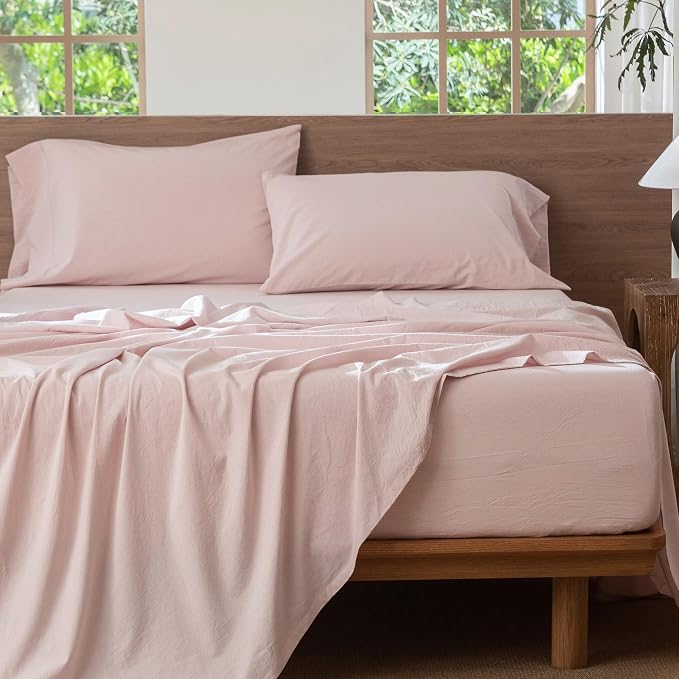 MooMee Bedding Sheet Set 100% Washed Cotton Linen Like Textured Breathable Durable Soft Comfy (Heathered Greyish Pink, Full)