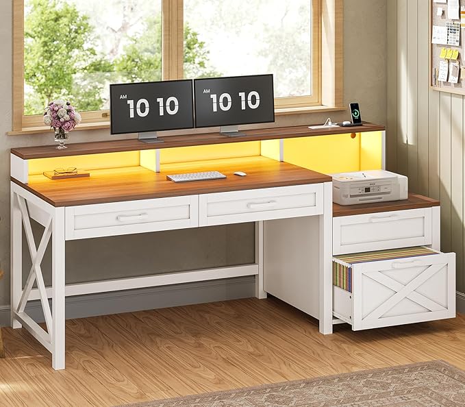 SEDETA Farmhouse Home Office Desk with File Drawer & Power Outlet, Computer Desk with 4 Drawer, Storage Shelves, Printer Cabinet and Monitor Shelf, Gaming Desk with Led Lights, White Brown