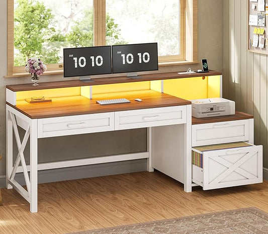 SEDETA Farmhouse Home Office Desk with File Drawer & Power Outlet, Computer Desk with 4 Drawer, Storage Shelves, Printer Cabinet and Monitor Shelf, Gaming Desk with Led Lights, White Brown
